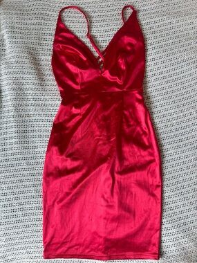 Red Satin V-Neck Bodycon Dress